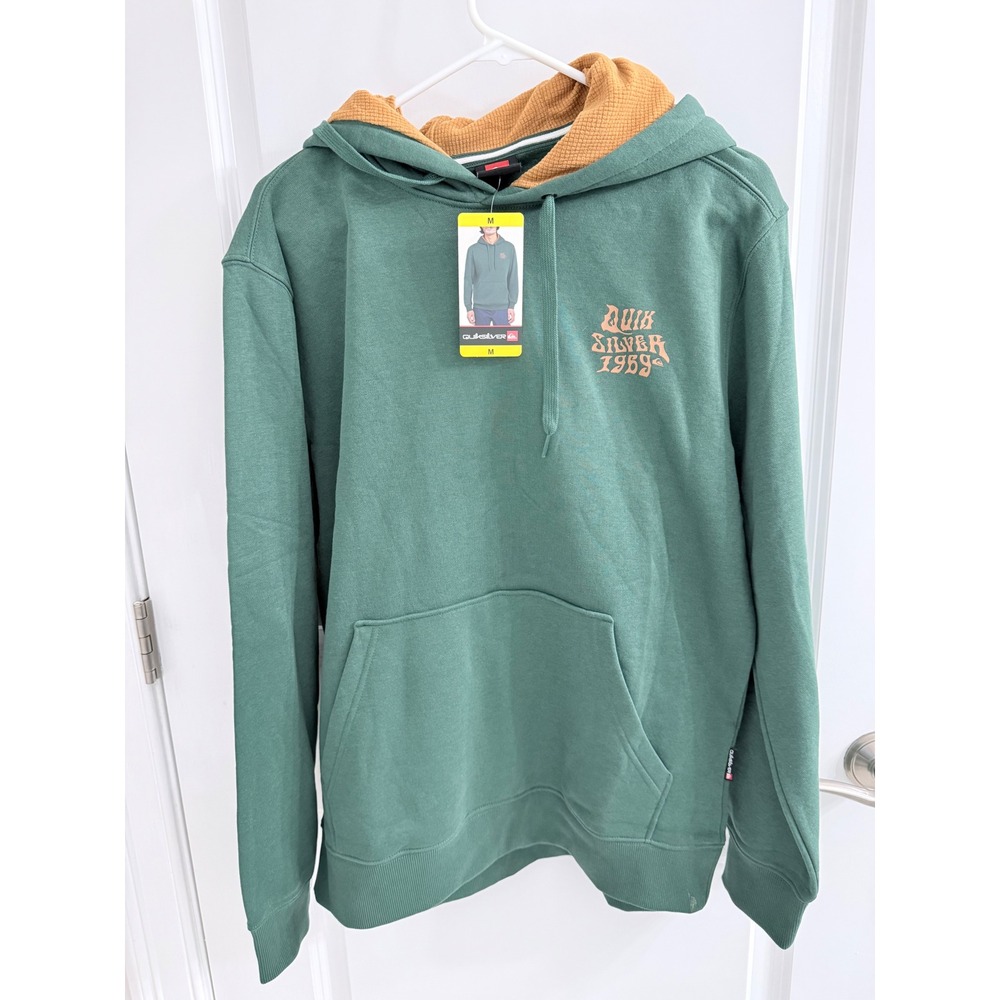 Quiksilver Mens Green Graphic Hoodie Waffle Lined Hood Pullover Sweatshirt M